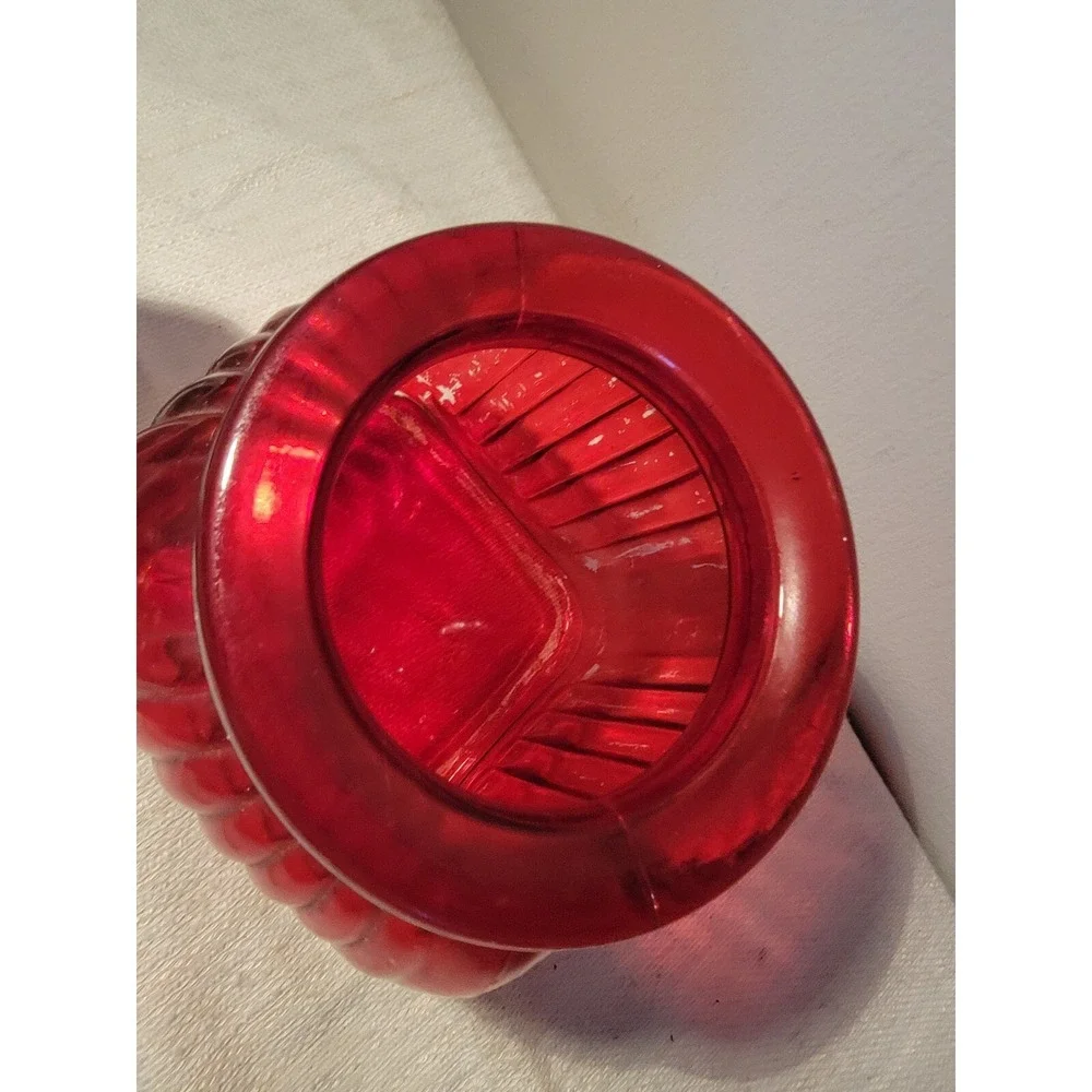 Vintage Artland‎ Painted Red Ribbed Glass Kitchen Canister Jar w Lid Large